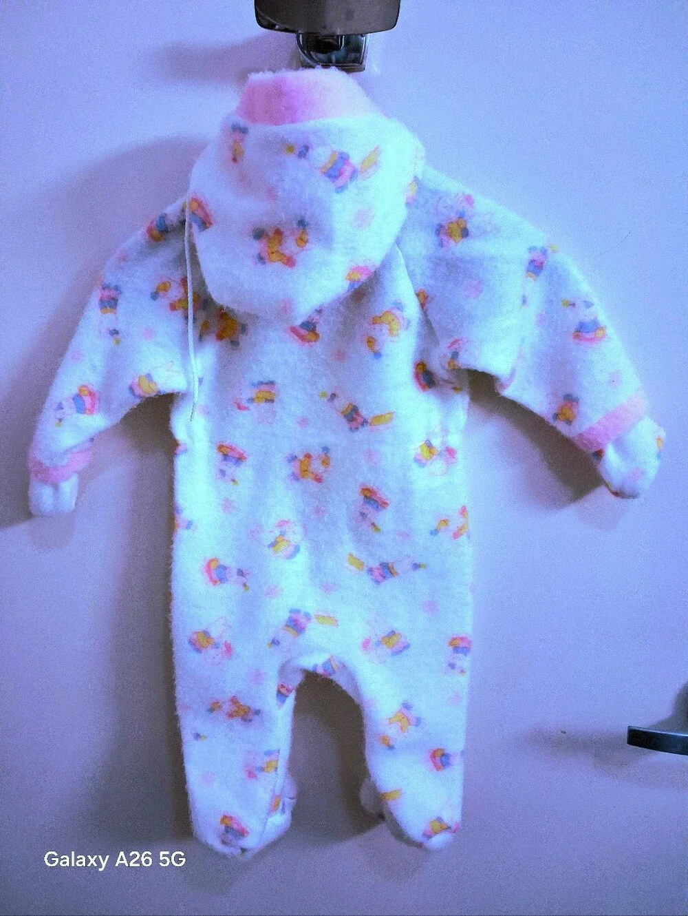 Carter's White /Pink Hooded Fleece One-Piece with Pink Trim and Multicolor Print